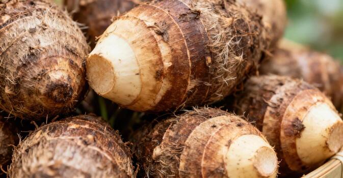 Fresh taro roots with fuzzy skin are piled up close. photo