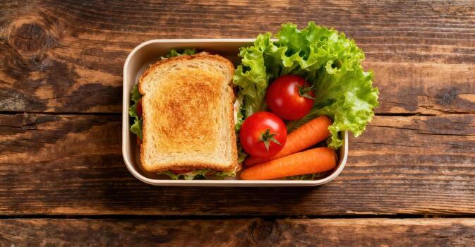 A healthy lunchbox with toasted bread, tomatoes, carrots, and lettuce. photo