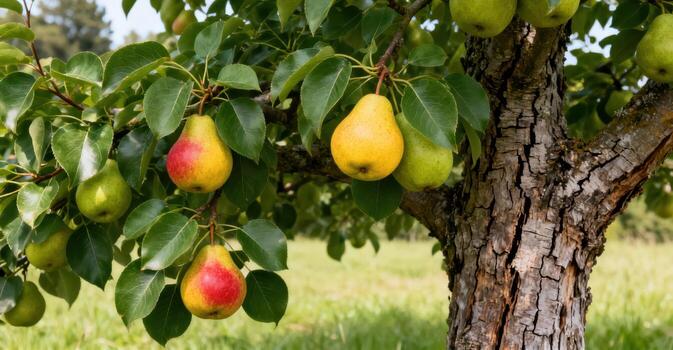 Ripe pears grow on a tree with a rough bark in a grassy orchard. photo