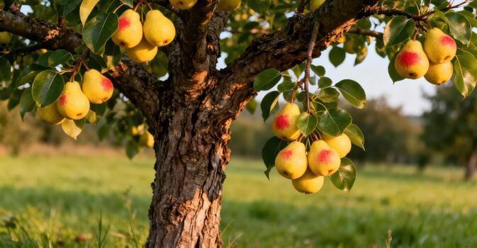 Ripe pears hang heavy on a tree branch in a sunlit orchard. photo