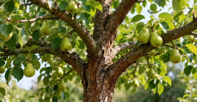Pear tree branches laden with ripening green fruit in sunlight. photo