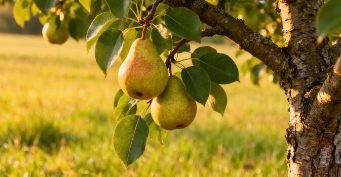 Ripe pears ripen on a tree branch in a sunlit meadow. photo
