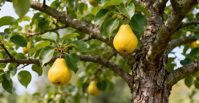 Ripe yellow pears hang from a tree branch on a sunny day. photo
