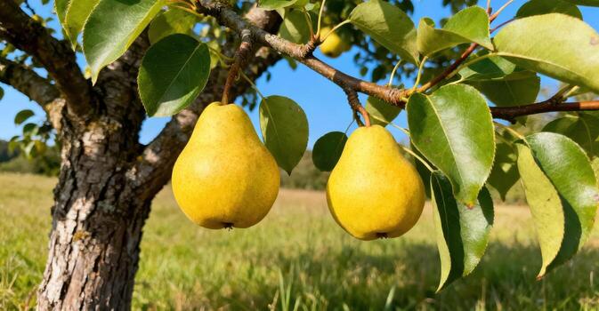 Ripe pears hang from a tree branch in a sunlit orchard on a clear day. photo