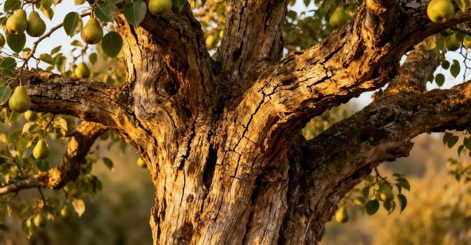 Old pear tree with ripe fruit and textured bark glows in sunlight. photo