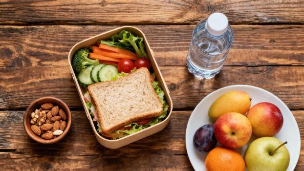 Nutritious lunchbox with sandwich, fruits, nuts, and water on wood. photo