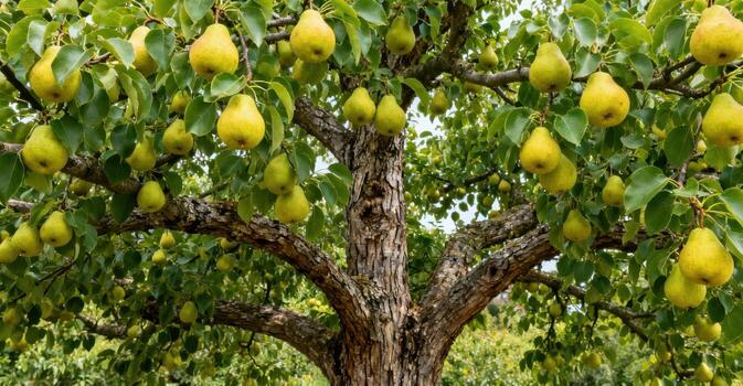 Ripening pears hang from a fruit tree branch in abundance. photo