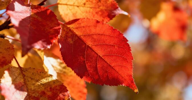 Red and yellow leaves on a tree branch in autumn. photo