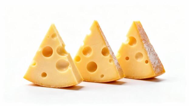 Three triangular slices of Swiss cheese display characteristic holes. photo