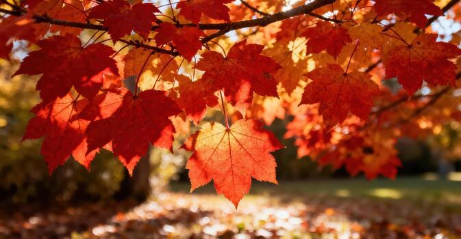 Vibrant red and orange autumn leaves hang from a tree branch. photo