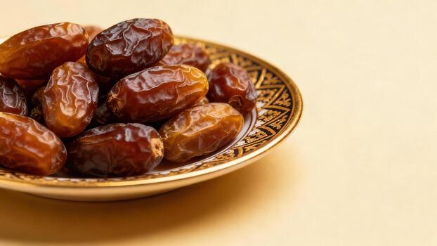 Ripe dates fill a decorative plate against a plain background. photo