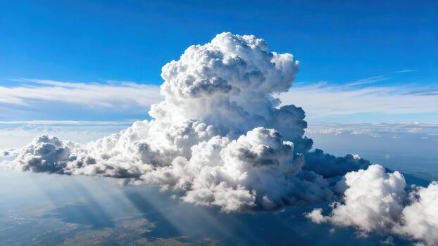 Towering cumulus clouds with sunbeams piercing through the sky. photo