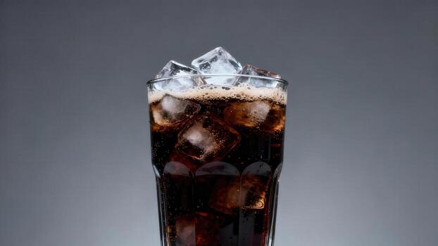Refreshing dark beverage with ice cubes in a clear glass. photo