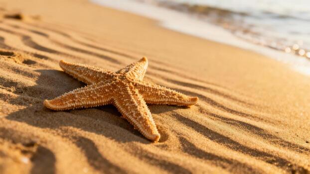 Starfish rests on wavy sand as gentle waves approach the shore. photo
