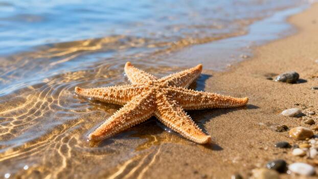 Starfish rests on sandy beach shore with gentle waves washing over it. photo