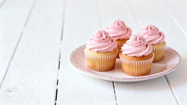 Four pink frosted cupcakes sit on a patterned plate. photo
