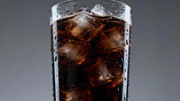Refreshing cola with ice cubes condensating in a tall glass. photo