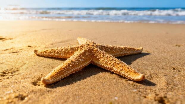 Starfish rests on a sandy beach with gentle ocean waves in the background. photo