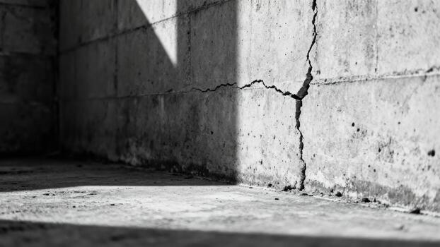 Visible fissure traverses a rough concrete block wall surface in a dimly lit space photo