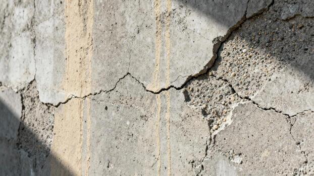 Severely damaged gray concrete wall surface displays significant fissures and exposed aggregate photo