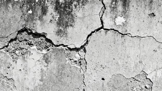 Deteriorated concrete surface displays deep cracks and exposed aggregate texture photo