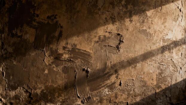 Weathered aged wall surface features rough dark pigment applied in a stylized cross shape with diagonal light streaks photo