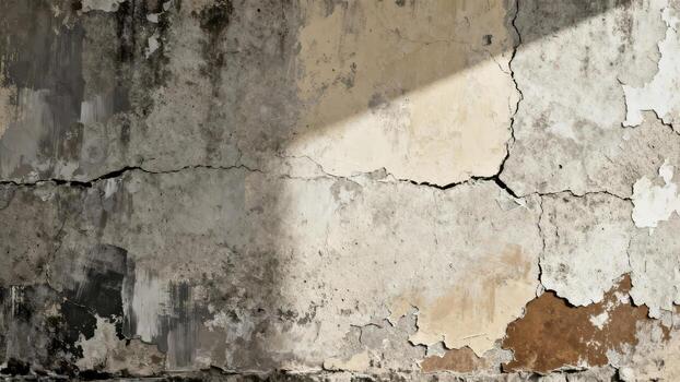 Aged concrete surface exhibits deep cracks and peeling paint under sharp diagonal light photo
