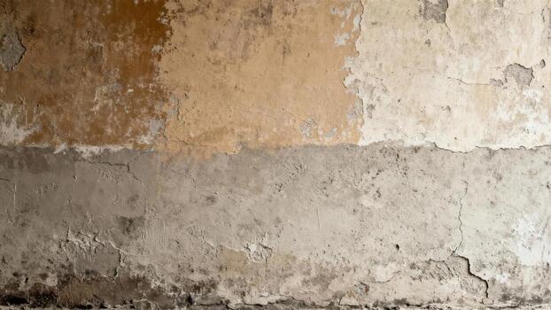 Aged exterior surface displays peeling plaster and weathered textures in horizontal layers photo