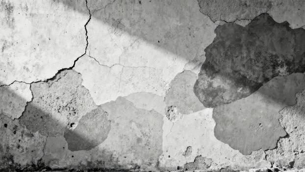 Monochromatic texture displays severely distressed and deteriorating concrete surface with deep fissures photo