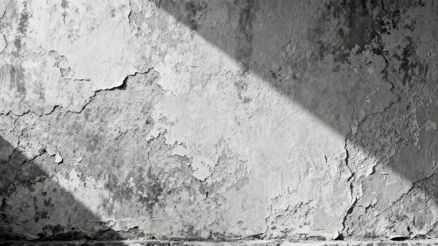 Grayscale image displays heavily textured, decaying plaster wall illuminated by a sharp diagonal beam of light. photo
