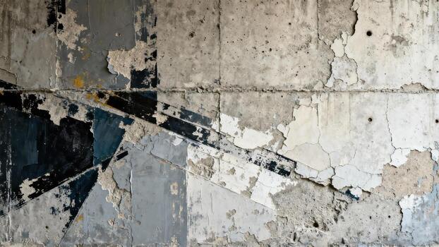 Weathered concrete surface displays peeling paint and geometric patterns photo