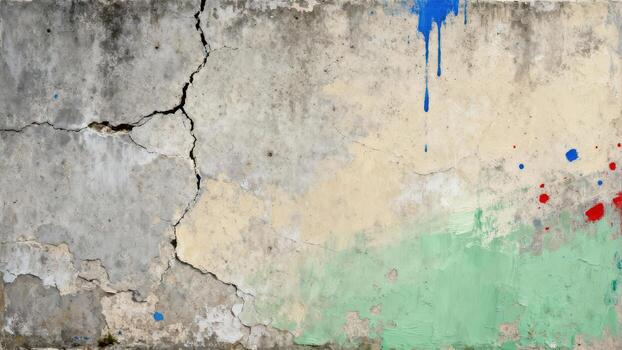 Weathered concrete surface features large cracks and remnants of colorful paint applications photo