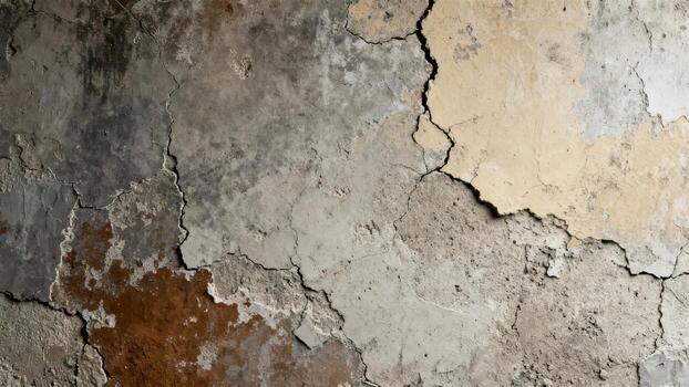Deteriorated textured surface displays significant cracks and peeling plaster layers photo