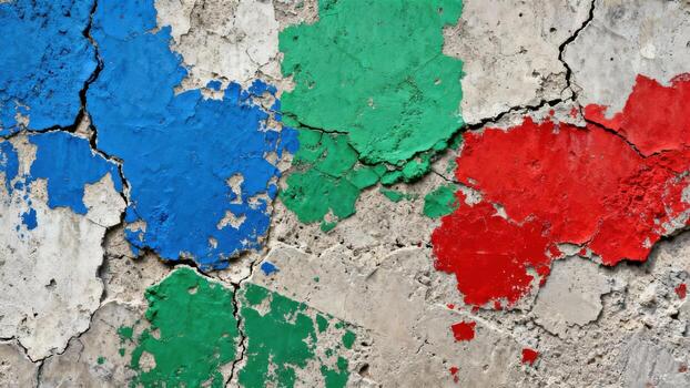 vibrante de colores pintar parches adherirse irregularmente a un agrietado y resistido hormigón superficie foto