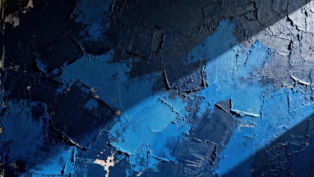 Thick impasto strokes of varying blue hues create a deeply textured abstract surface illuminated by directional light. photo
