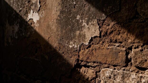 Textured ancient wall surface displays peeling plaster and exposed rough brick under dramatic diagonal shadow photo