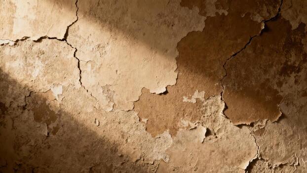 Textured wall surface displays significant cracking and peeling plaster under dramatic lighting photo