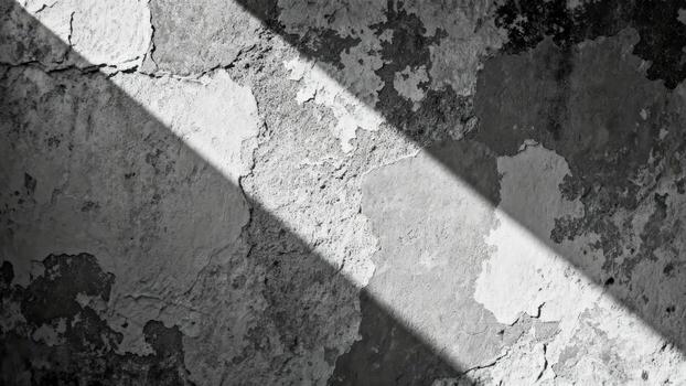 Grayscale image captures harsh light striking a heavily textured, aged wall surface diagonally photo