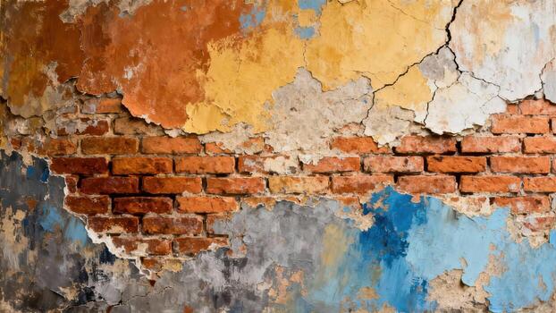 Weathered, multi-layered paint exposes rough, textured brickwork across an aged surface photo