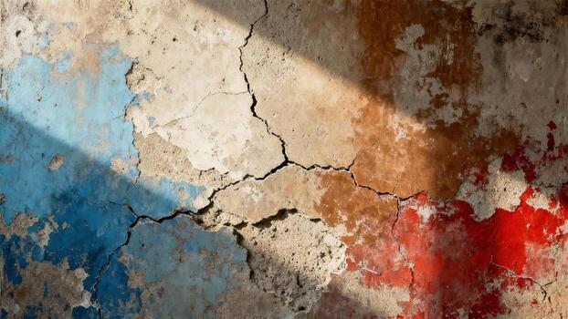 Weathered plaster surface displays peeling paint and prominent structural fissures illuminated by harsh sunlight. photo