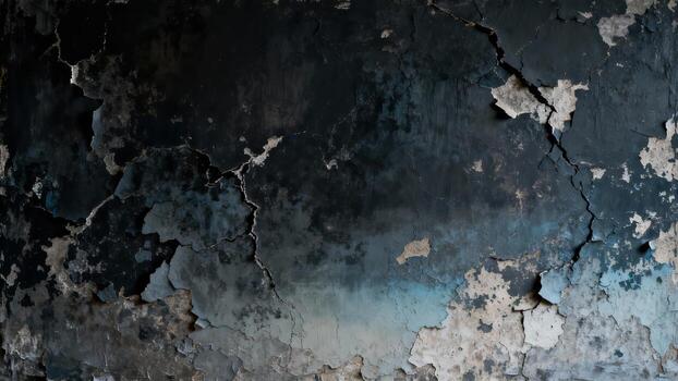 Distressed dark wall surface displays significant paint deterioration and cracking patterns photo