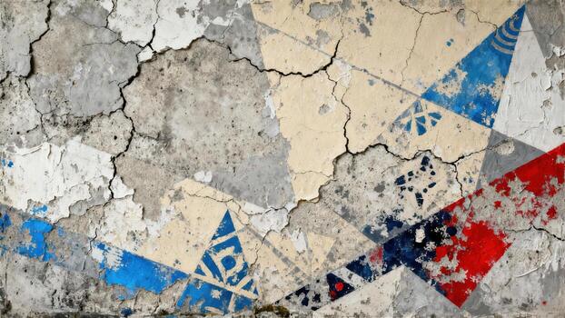 Weathered plaster surface displays faded geometric abstraction with cracked texture photo