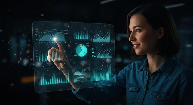 Woman interacting with digital data interface displaying graphs and charts photo