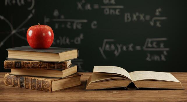 Stack of books with apple and open book on wooden surface with chalkboard in background photo