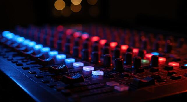 Sound mixing console with illuminated controls for audio production photo