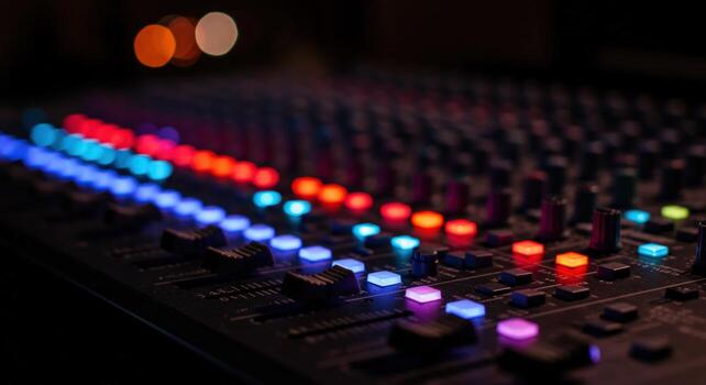 Audio mixing console sound board with illuminated buttons and sliders photo