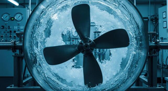 Water turbine testing with rotating propeller inside enclosure photo