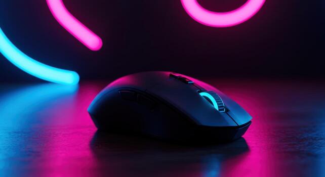 Wireless computer mouse with neon lighting tech and gaming concept photo