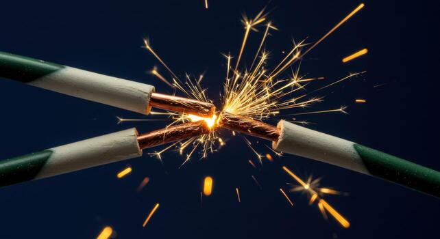 Electrical short circuit with sparks and wires photo