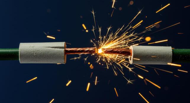 Electrical fault sparking with wire connector on dark background photo